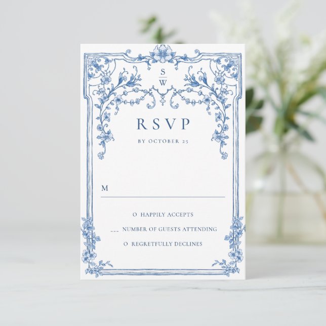 Victorian Ornate Grace Blommigt Dusty Blue Bröllop OSA Kort (Stående Fram)