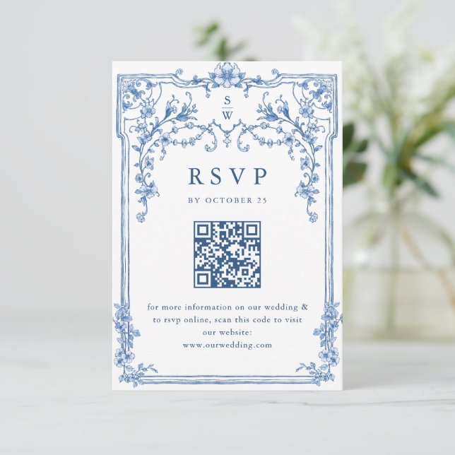 Victorian Ornate Grace Blommigt Dusty Blue Bröllop OSA Kort (Stående Fram)