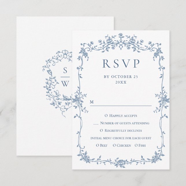Victorian Ornate Grace Blommigt Dusty Blue Bröllop OSA Kort (Fram/baksida)