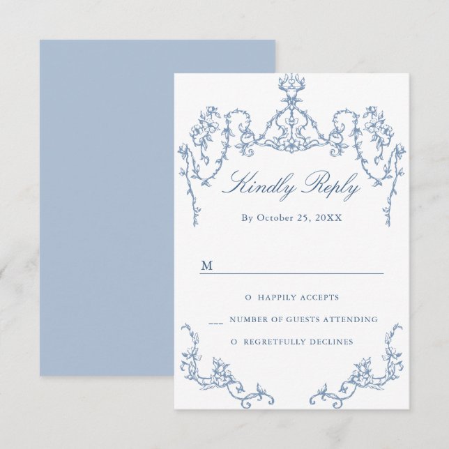 Victorian Ornate Grace Blommigt Dusty Blue Bröllop OSA Kort (Fram/baksida)