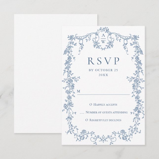 Victorian Ornate Grace Blommigt Dusty Blue Bröllop OSA Kort (Fram/baksida)