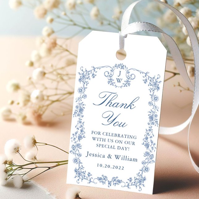 Victorian Ornate Grace Blommigt Dusty Blue Bröllop Presentetikett (Skapare uppladdad)