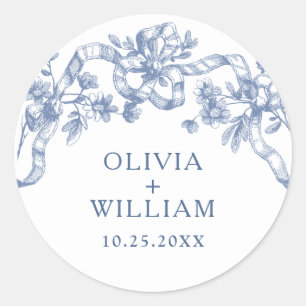 Victorian Ornate Grace Blommigt Dusty Blue Bröllop Runt Klistermärke