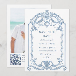 Victorian Ornate Grace Blommigt Dusty Blue Bröllop Spara Datumet