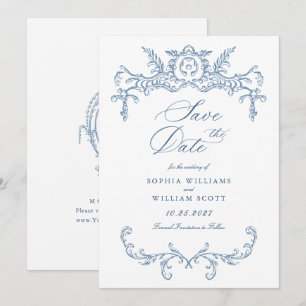 Victorian Ornate Grace Blommigt Dusty Blue Bröllop Spara Datumet