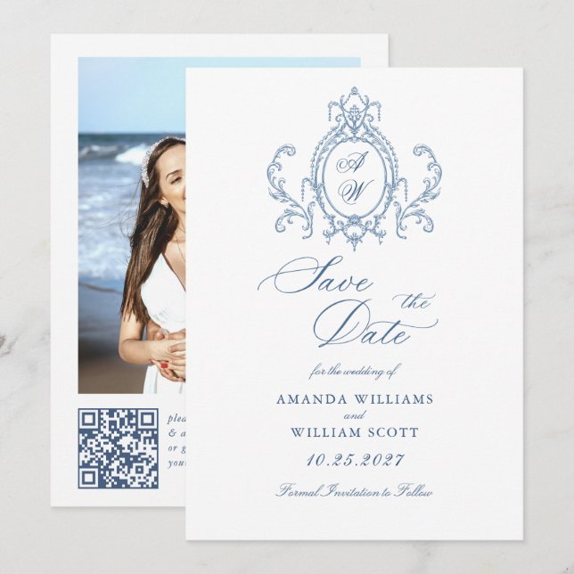 Victorian Ornate Grace Blommigt Dusty Blue Bröllop Spara Datumet (Fram/baksida)
