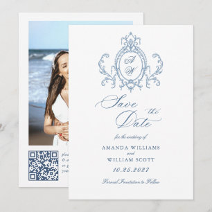 Victorian Ornate Grace Blommigt Dusty Blue Bröllop Spara Datumet