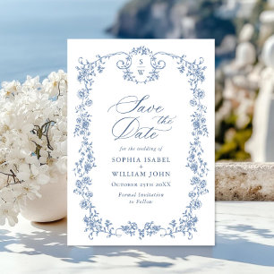 Victorian Ornate Grace Blommigt Dusty Blue Bröllop Spara Datumet