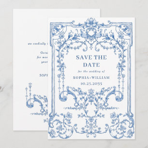Victorian Ornate Grace Blommigt Dusty Blue Bröllop Spara Datumet