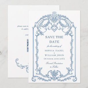 Victorian Ornate Grace Blommigt Dusty Blue Bröllop Spara Datumet