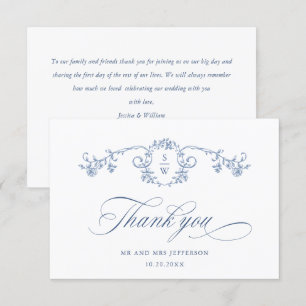 Victorian Ornate Grace Blommigt Dusty Blue Bröllop Tack Kort