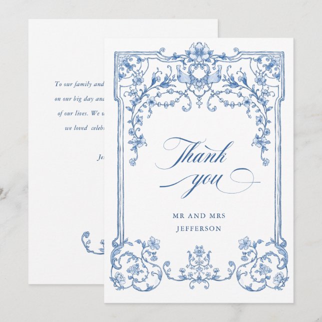 Victorian Ornate Grace Blommigt Dusty Blue Bröllop Tack Kort (Fram/baksida)