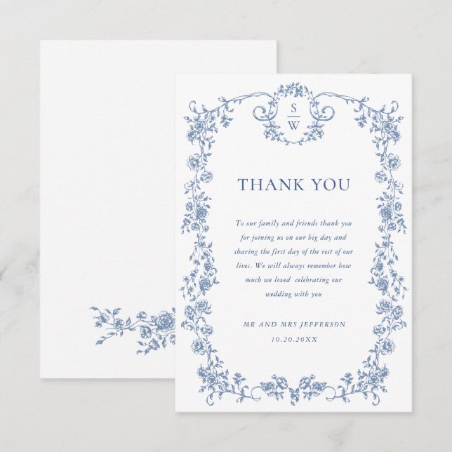 Victorian Ornate Grace Blommigt Dusty Blue Bröllop Tack Kort (Fram/baksida)