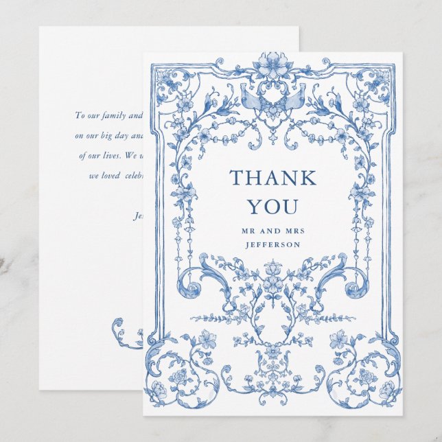 Victorian Ornate Grace Blommigt Dusty Blue Bröllop Tack Kort (Fram/baksida)