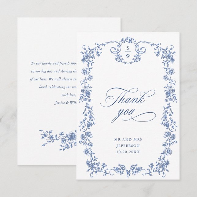 Victorian Ornate Grace Blommigt Dusty Blue Bröllop Tack Kort (Fram/baksida)