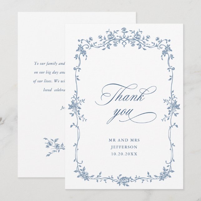 Victorian Ornate Grace Blommigt Dusty Blue Bröllop Tack Kort (Fram/baksida)