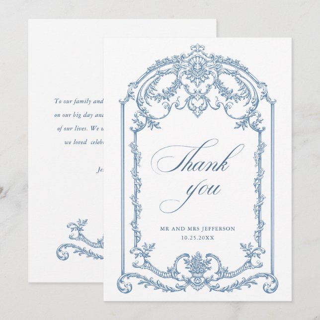 Victorian Ornate Grace Blommigt Dusty Blue Bröllop Tack Kort (Fram/baksida)
