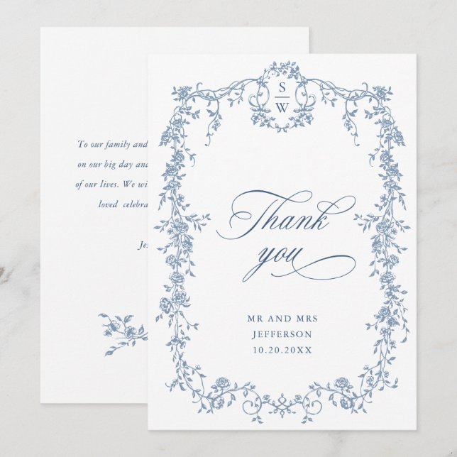 Victorian Ornate Grace Blommigt Dusty Blue Bröllop Tack Kort (Fram/baksida)