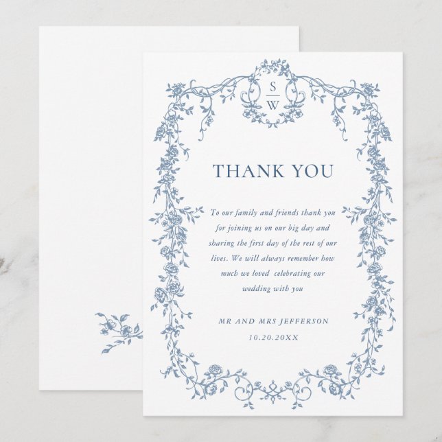 Victorian Ornate Grace Blommigt Dusty Blue Bröllop Tack Kort (Fram/baksida)