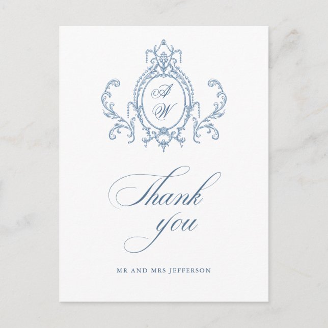 Victorian Ornate Grace Blommigt Dusty Blue Bröllop Vykort (Framsida)