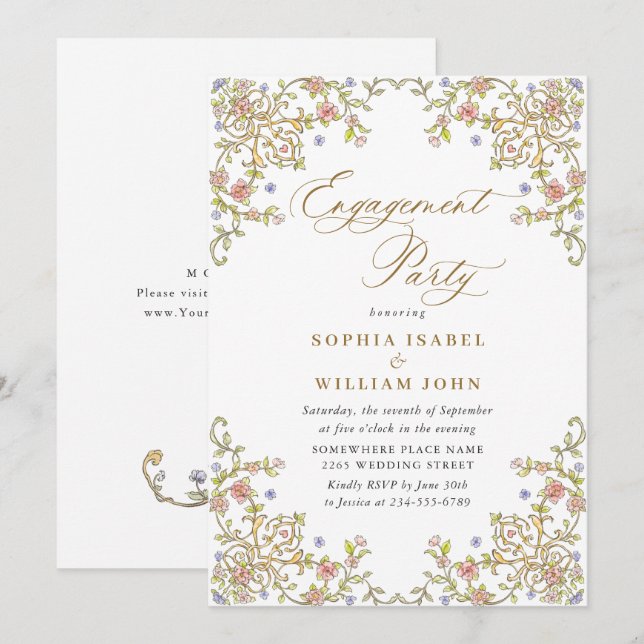 Victorian Ornate Grace Blommigt FÖRLOVNINGSFEST Inbjudningar (Fram/baksida)