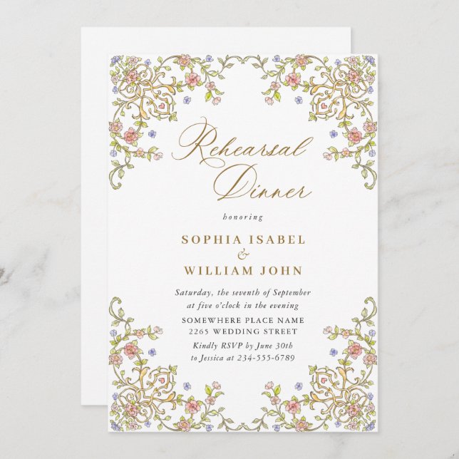 Victorian Ornate Grace Blommigt Rehearsal Dinner Inbjudningar (Fram/baksida)