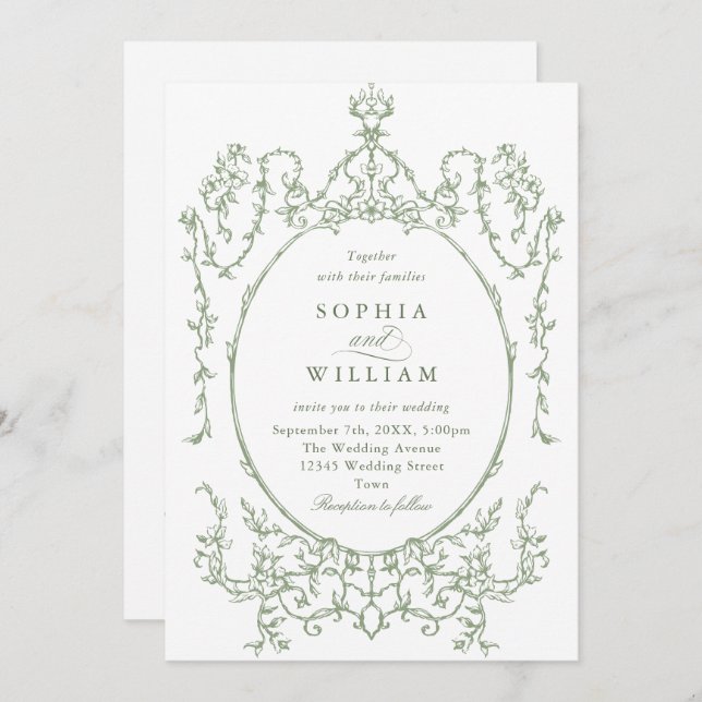 Victorian Ornate Grace Blommigt Sage Grönt Bröllop Inbjudningar (Fram/baksida)