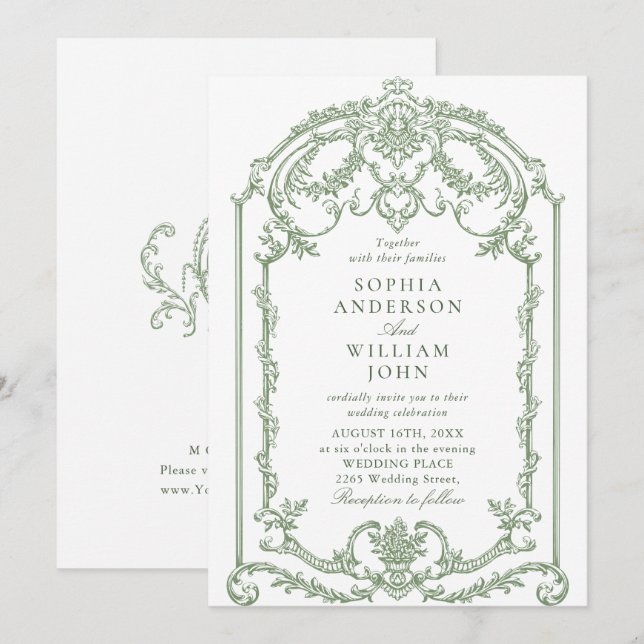 Victorian Ornate Grace Blommigt Sage Grönt Bröllop Inbjudningar (Fram/baksida)