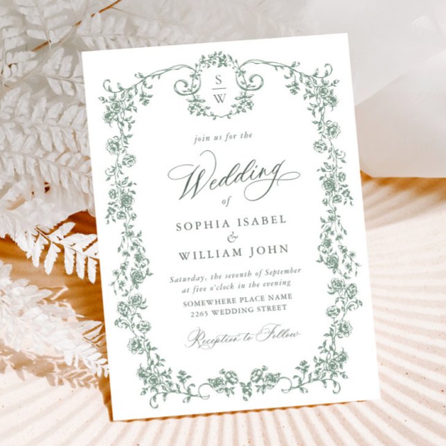 Victorian Ornate Grace Blommigt Sage Grönt Bröllop Inbjudningar (Skapare uppladdad)