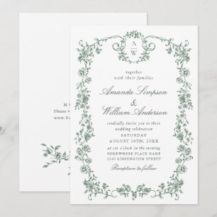 Victorian Ornate Grace Blommigt Sage Grönt Bröllop Inbjudningar