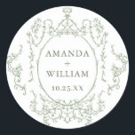 Victorian Ornate Grace Blommigt Sage Grönt Bröllop Runt Klistermärke<br><div class="desc">Om du vill göra ytterligare anpassningar klickar du på länken "anpassa ytterligare" och användor verktyg som är utformat för att ändra mallen. Kontakta mig om du behöver hjälp eller matchande artiklar.</div>