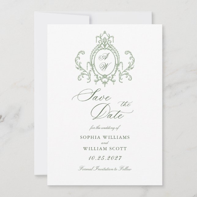 Victorian Ornate Grace Blommigt Sage Grönt Bröllop Spara Datumet (Framsida)