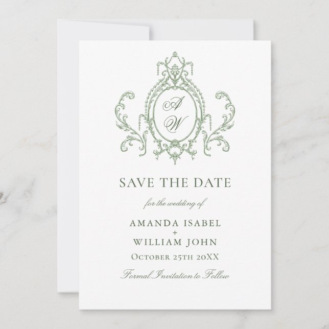 Victorian Ornate Grace Blommigt Sage Grönt Bröllop Spara Datumet (Framsida)