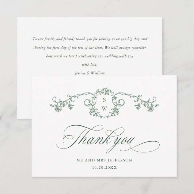 Victorian Ornate Grace Blommigt Sage Grönt Bröllop Tack Kort (Fram/baksida)