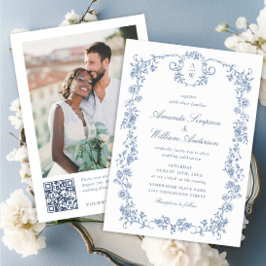 Victorian Ornate Grace Blue Blommigt Bröllop QR-ko Inbjudningar