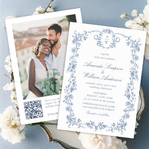 Victorian Ornate Grace Blue Blommigt Bröllop QR-ko Inbjudningar