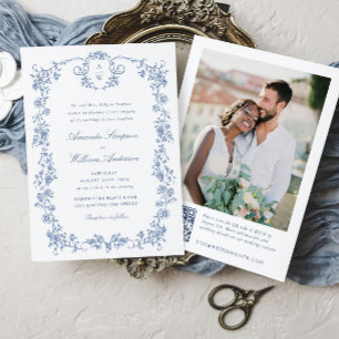 Victorian Ornate Grace Blue Blommigt Bröllop QR-ko Inbjudningar