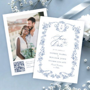 Victorian Ornate Grace Blue Blommigt QR kod Bröllo Spara Datumet