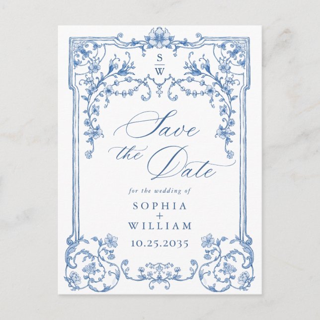 Victorian Ornate Grace Blue Bröllop spara datum Vykort (Framsida)