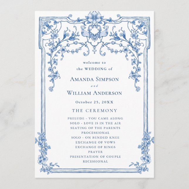 Victorian Ornate Grace Dusty Blue Bröllop Ceremony Program (Framsida)