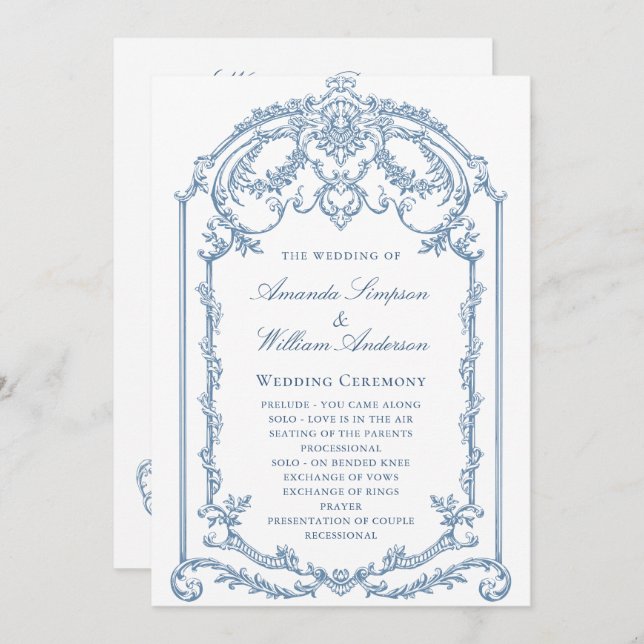 Victorian Ornate Grace Dusty Blue Bröllop Ceremony Program (Fram/baksida)