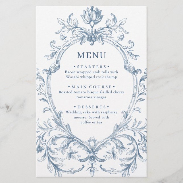 Victorian Ornate Grace Dusty Blue Bröllop Menu (Framsida)