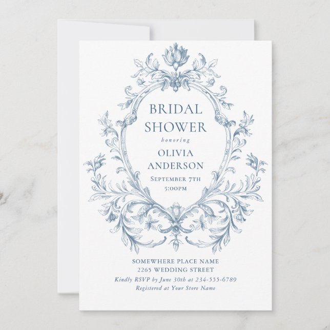 Victorian Ornate Grace Dusty Blue Möhippa Inbjudningar (Framsida)