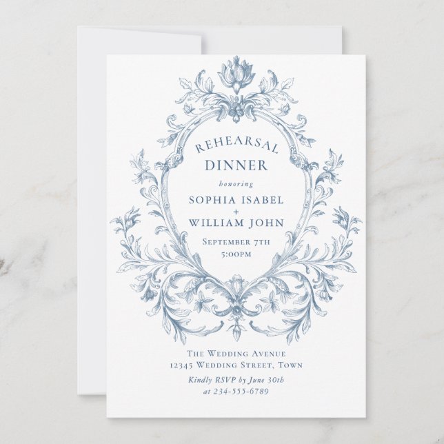 Victorian Ornate Grace Dusty Blue Rehearsal Dinner Inbjudningar (Framsida)