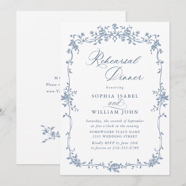 Victorian Ornate Grace Dusty Blue Rehearsal Dinner Inbjudningar (Fram/baksida)