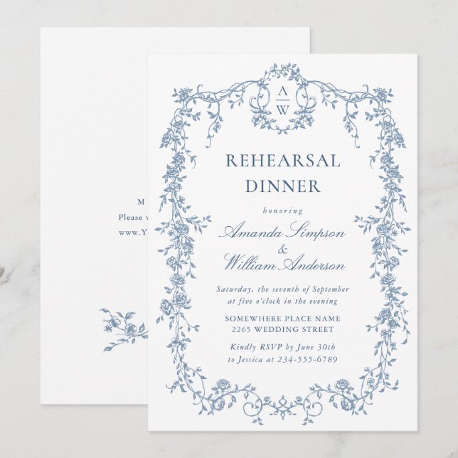 Victorian Ornate Grace Dusty Blue Rehearsal Dinner Inbjudningar (Fram/baksida)