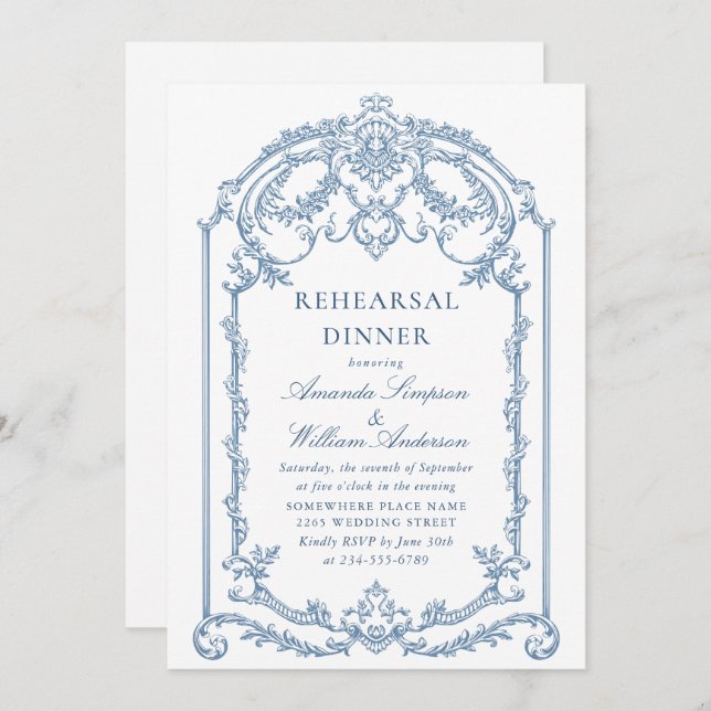 Victorian Ornate Grace Dusty Blue Rehearsal Dinner Inbjudningar (Fram/baksida)