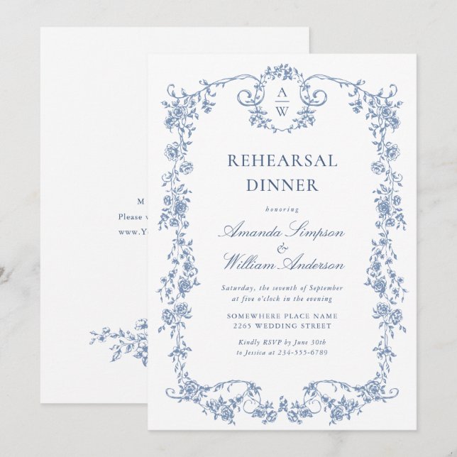 Victorian Ornate Grace Dusty Blue Rehearsal Dinner Inbjudningar (Fram/baksida)