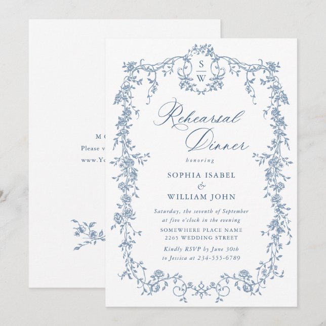 Victorian Ornate Grace Dusty Blue Rehearsal Dinner Inbjudningar (Fram/baksida)