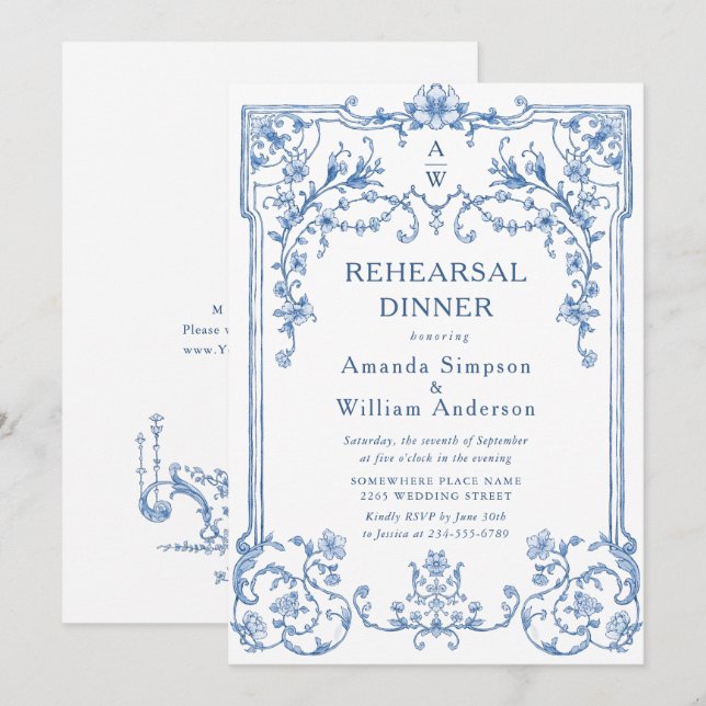 Victorian Ornate Grace Dusty Blue Rehearsal Dinner Inbjudningar (Fram/baksida)